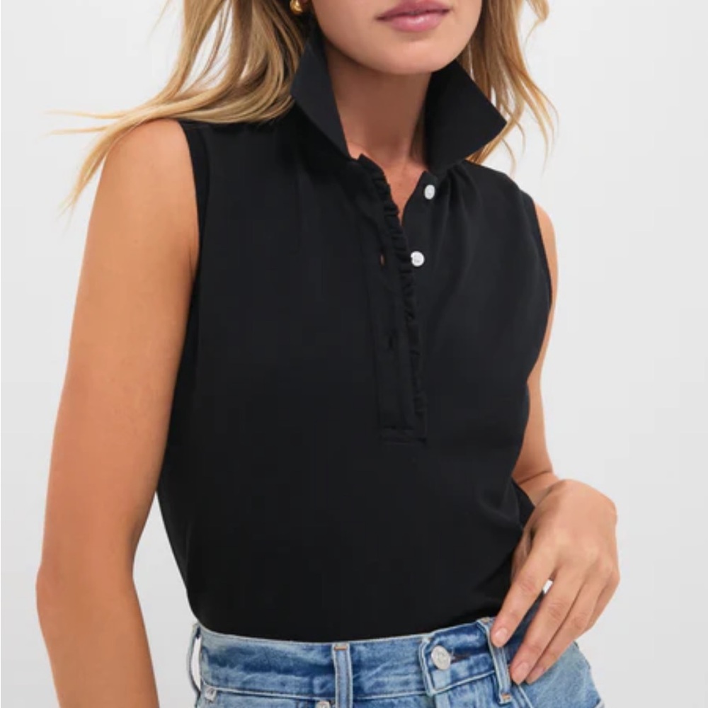 TUCKERNUCK Black Pique Sleeveless Ruffle Margaret Polo - size XL